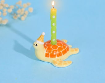 Sunny Orange Sea Turtle Cake Topper Ceramic Birthday Candle Holder Hand Painted Party Hat Marine Animal Undersea Celebration Kids Gift
