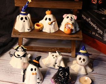 Hand Painted Ghost Family Ceramic Candle Holder Set Handmade Collection Incense Burner Cute Home Design Halloween Gift Aromatherapy Diffuse