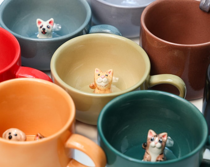 Custom Ceramic Peekaboo Mug Hidden Animal Custom Dog & Cat Mug  Handmade Coffee Mug with Animal Figurines - Unique Gift for Pet Lovers