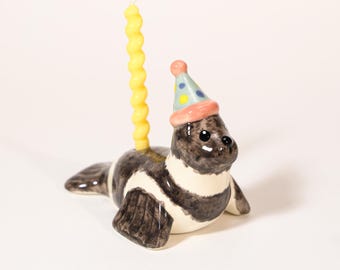 Retro Zirkus Gestreifte Kuchen Topper Niedlicher Keramik Kerzenhalter Gebänderte Robbe Figur Keramik Tier Geburtstagsparty Dekor wunderliches Geschenk