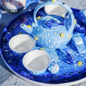 Blue tea set ocean ceramic whlae tea set with 3 whale tea cups, 1 tea pot, large handmade whale plate gift for her housewarmig gift imagen 6