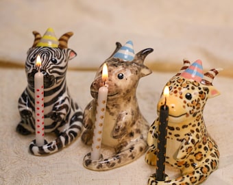 Quirky Safari Dragon Cake Topper Ceramic Candle Holder Funny Dinosaur Figurine Zebra Leopard Pattern Wild Birthday Party Decor Gift
