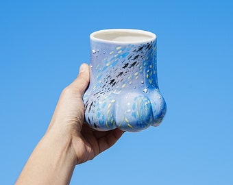 Ocean Paw Ceramic Mug | Unique Handcrafted Cat Claw Cup | Dreamy Marine Design in Blue and Purple | Perfect Gift for Ocean and Cat Lovers