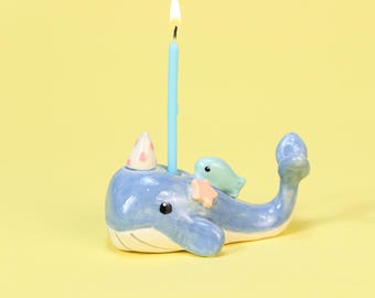 Blue Whale Cake Topper Cute Party Birthday Candle Holder Ceramic Ocean Sea Party Hat Animal Celebration Gift Hand-painted Animal Sculpture