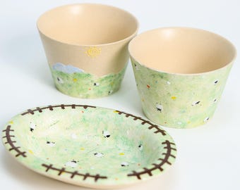 Cottagecore Kleines Schaf Keramik Teller & Tasse Handbemalte Grüne Wiese Keramik Schüssel Niedliche Housewarming Geschenk Handgemachte Natur Kaffee Espresso Tasse