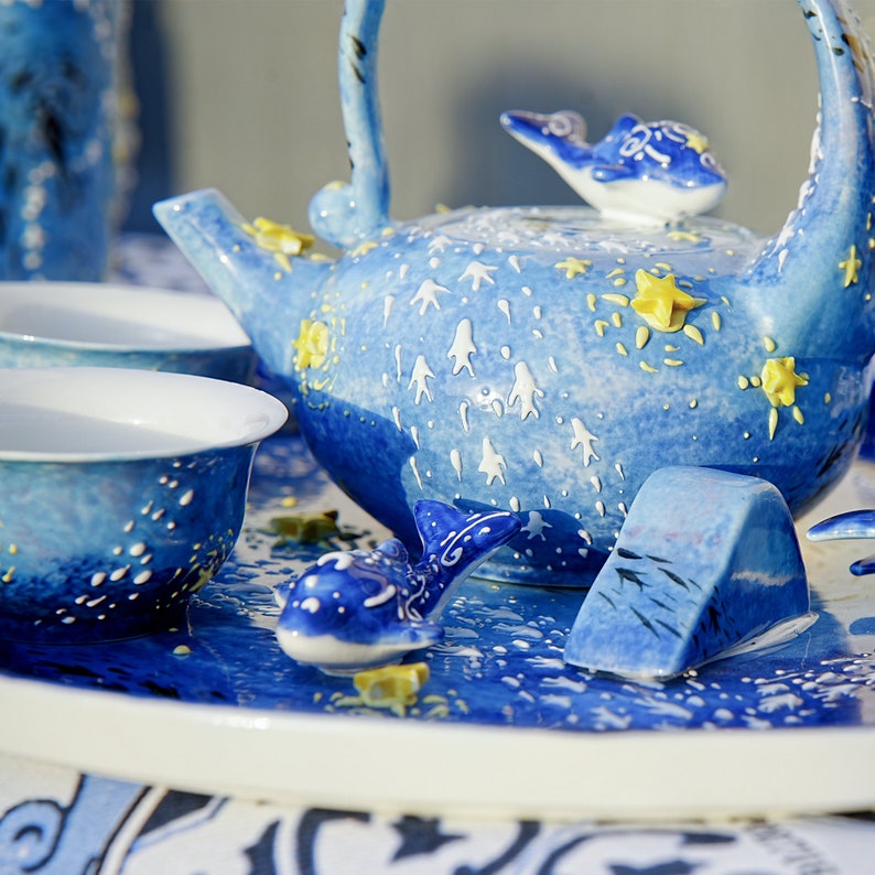 Blue tea set ocean ceramic whlae tea set with 3 whale tea cups, 1 tea pot, large handmade whale plate gift for her housewarmig gift imagen 9