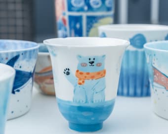 Cute Polar Bear Waving Hand Tea Cup Arctic Animal Inspired Flower Shaped Edge Ceramic Coffee Mug Snowflake Impression Espresso Cup Water Cup