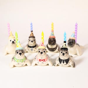 Può includere: Una collezione di sette statuette di foche in ceramica, ognuna con un cappellino da festa colorato e un accessorio unico come un papillon, un collare o una cravatta. Ogni foca ha una candelina di compleanno a spirale sulla testa.