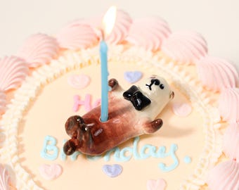 Ceramic Otter Cake Topper Candle Holder, Cute Sea Otter with Bow Tie Figurine, Nautical Birthday Party Decor, "Significant Otter" Gift
