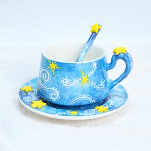 Starry Night Ceramic Ocean Tea Set Handmade Coffee Mug | Whale Cosater set | Cute Ocean Spoon | Celestial Coffee Cup | Crackle Glaze | Y2K