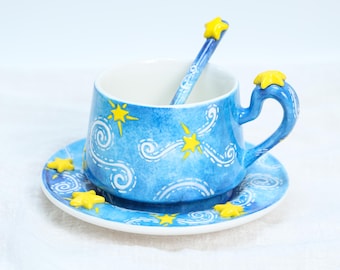Stjärnklar natt Keramik Havsteservis Handgjord Kaffemugg | Valtema Coater Set | Söt Havssked | Himmelsk Kaffekopp | Krackelerad Glasyr | Y2K