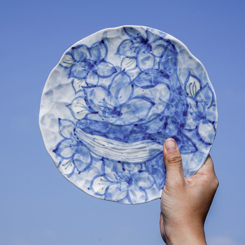 Blue Whale Plate Blue and White Porcelain Plate Hand-Painted Oceanic Decor Floral Pottery Pottery Serving Bowl Pasta Bowl Handmade Pottery image 2