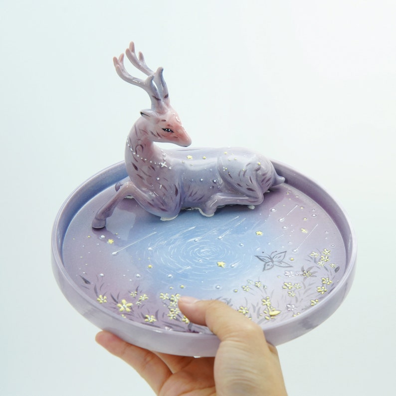 Handpainted Purple Christmas Deer Ceramic Plate Celestial Winter Forest Ceramic Tray Whimsical Decor Magic Goblincore Pottery Dish image 3