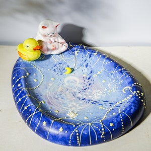 Celestial Ceramic Catchall with Fishing Cat and Yellow Duck Y2K Handmade Starry Galaxy Magic Design PotteryTrinket HolderPerfect gift image 2