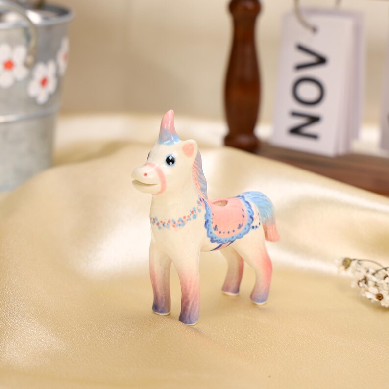 Handmade Ceramic Unicorn Cake Candle Holder - Cute Unicorn with Pastel Party Hat, Unique Cake Topper for Birthdays and Special Occasions image 4