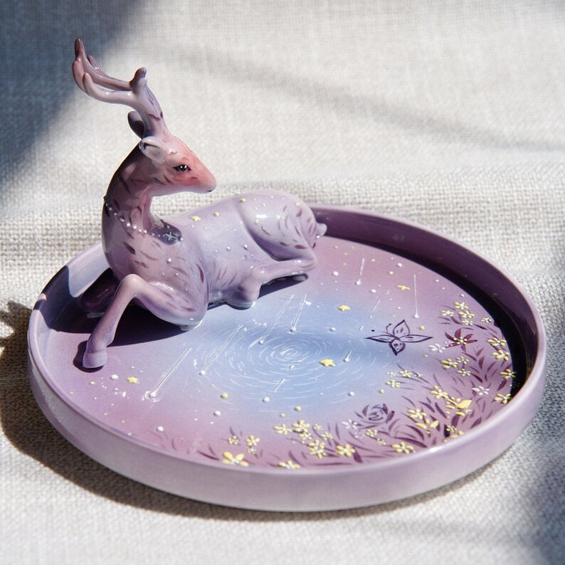 Handpainted Purple Christmas Deer Ceramic Plate Celestial Winter Forest Ceramic Tray Whimsical Decor Magic Goblincore Pottery Dish image 1