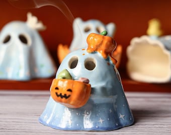 Niedliche Halloween Geist Figur Kerzenhalter Handgemachte Keramik Kürbis Candy Korb Spooky Tabletop Dekoration Süßes oder Saures Akzent