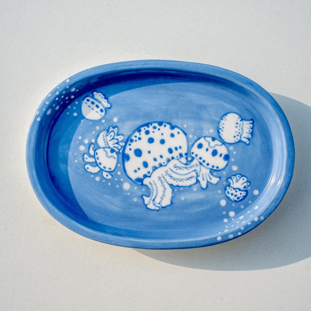 Celestial Jellyfish Glide Jewelry Plate Handmade Ceramic Ocean Blue