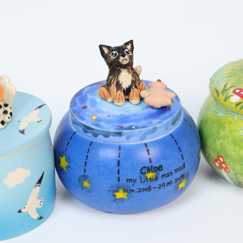 May include: A collection of decorative ceramic jars. The central jar is blue with a painted night sky design, a small dog figurine, and the text "Chloe my Little maz maz 11.10.2008-29.04.2019". Other jars are light blue and green.