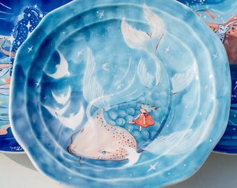 Prato de cerâmica Ocean Adventure | Bandeja decorativa azul pintada à mão | Presente criativo para ela | Perfeito para servir massas, saladas, sorvetes, etc.
