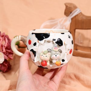 Whimsical Cow Print 3D Animal Mug Cute Ceramic Cup Apple Pattern Handmade Pottery Aesthetic Drinkware Charming Pet Lover Birthday Gift