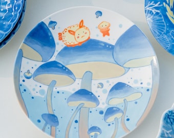 Mushroom Meadow Trinket Dish | Whimsical Cartoon Style Decorative Tray | Handpainted Ceramic Plate for Holding Jewelry, Keys, Watch, etc.