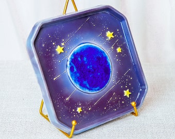 Placa de cerámica Blue Planet pintada a mano con patrón de grietas de hielo, regalo para entusiastas de la astronomía, plato de arte cósmico para cumpleaños o inauguración de la casa
