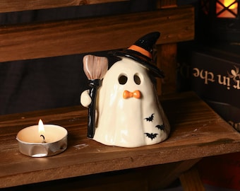 Hand Painted Witch Ghost Ceramic Figurine Tea Light Holder Halloween Candle Holder Unique Gift Table Decor Incense Burner Spooky Decoration