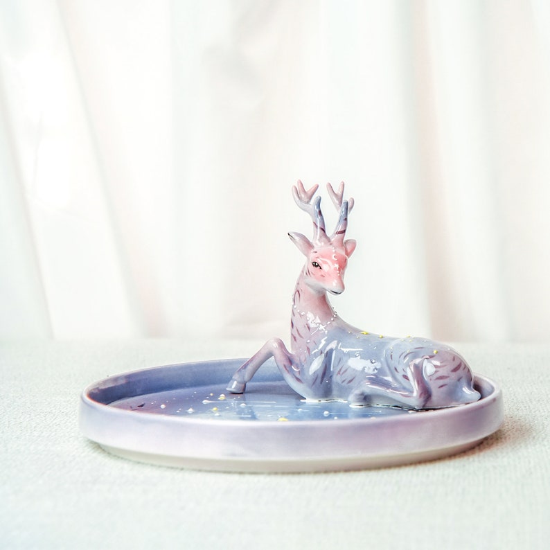 Handpainted Purple Christmas Deer Ceramic Plate Celestial Winter Forest Ceramic Tray Whimsical Decor Magic Goblincore Pottery Dish image 4