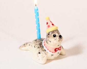 Kokette Kawaii Rosa Polka Dot Kuchen Topper Niedliche Keramik Kerzenhalter Seehund Figur Tier Geburtstag Party Dekoration Mädchen Geschenk