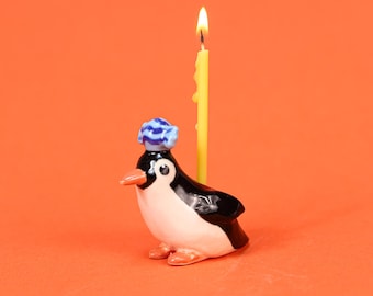 Penguin Cake Topper Handmade Pottery Figurine Penguin Sculpture Cute Collectable Heirloom Art Hand-painted Birthday Wedding Candle Holder