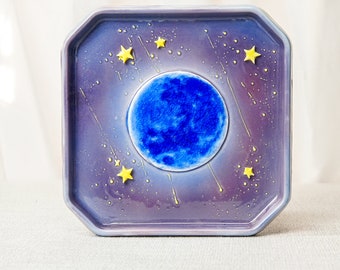 Placa de cerámica Blue Planet pintada a mano con patrón de grietas de hielo, regalo para entusiastas de la astronomía, plato de arte cósmico para cumpleaños o inauguración de la casa