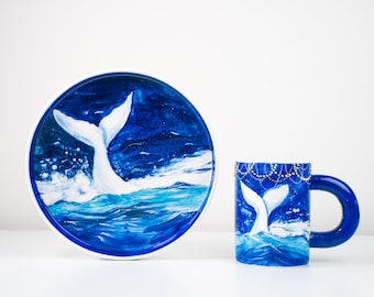 Custom White Whale Coffee Cup&Whale Tail Plate Handpainted Ceramic Whale Platter Ocean Pottery Mug Housewarming Gift Moby Dick Inspired