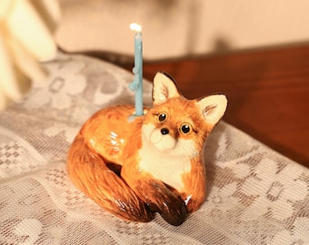 Vintage Keramik Fuchs Kerzenhalter - Waldtier Kuchen Topper - Handgemachte Fuchsfigur für Geburtstagsparty Handgemachte Walddekoration