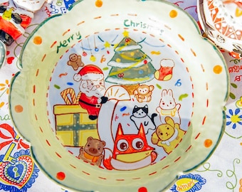 Santa and Animal Friends Ceramic Plate Hand-Painted Christmas Ceramic Plate Festive Holiday Decor Unique Dessert Dish Seasonal Tableware Gif