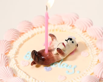 Cute Otter Cake Topper Ceramic Birthday Candle Holder Handmade Animal Party Decor Kawaii Floral Wedding Gift First Birthday Celebration
