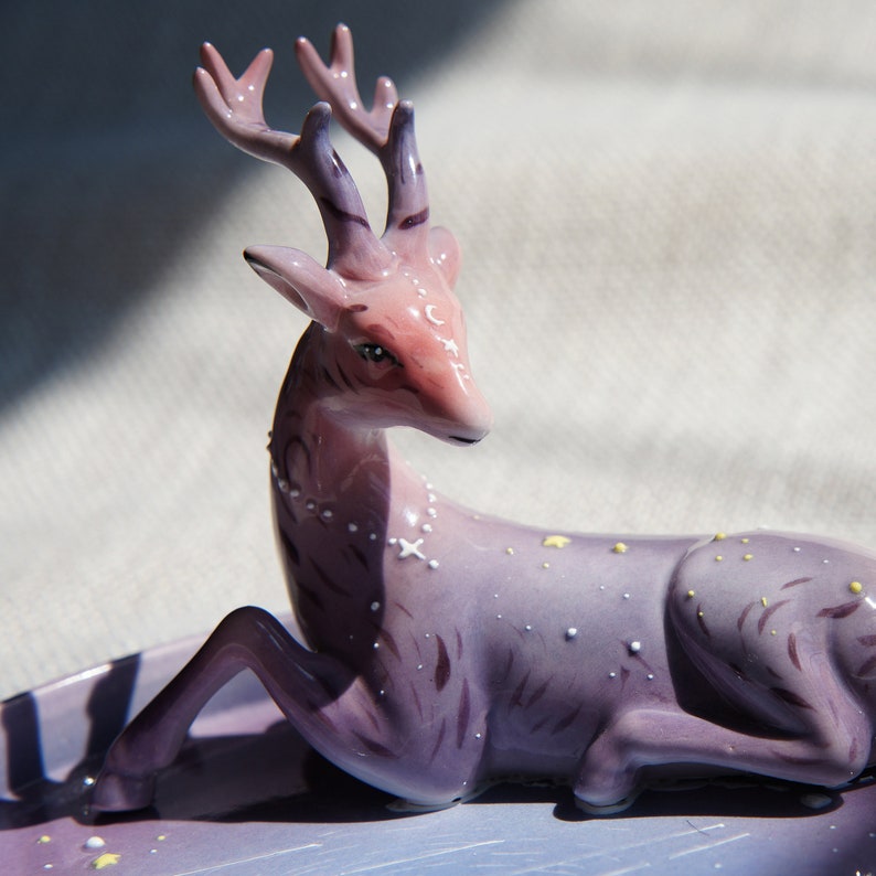Handpainted Purple Christmas Deer Ceramic Plate Celestial Winter Forest Ceramic Tray Whimsical Decor Magic Goblincore Pottery Dish image 8