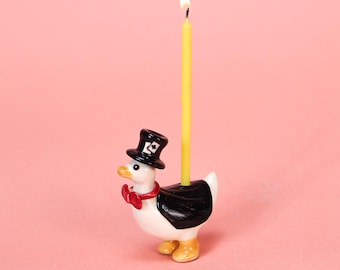 Black Hat Gentlemen Ceramic Goose Cake Topper Birthday Candle Holder Handmade Unique Animal Figurine Business Suite Cute Family Party Decor