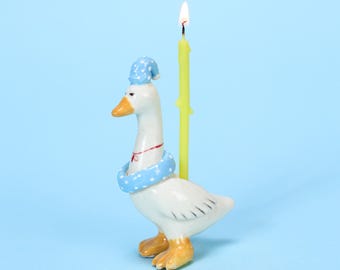 Handmade Blue Nightcap Goose Cake Topper Ceramic Birthday Candle Holder Animal Pottery Figurine Celebration Christmas Gift Party Decor