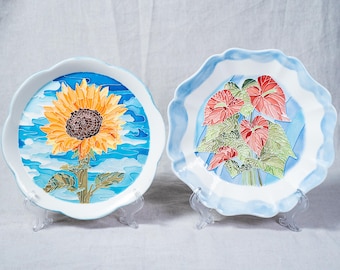 Prato decorativo Sunlit Bloom, peça de cerâmica artesanal com bordas irregulares, ideal para decoração de mesa, perfeito para exposições artísticas em galerias, presente de Ação de Graças ou para presentear a mãe.