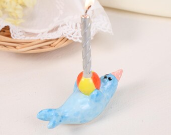 Blue Seal Beach Cake Topper Hand Painted Ceramic Candle Holder Colorful Beach Ball Birthday Party Cake Decoration Celebration
