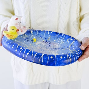 Celestial Ceramic Catchall with Fishing Cat and Yellow Duck Y2K Handmade Starry Galaxy Magic Design PotteryTrinket HolderPerfect gift image 7