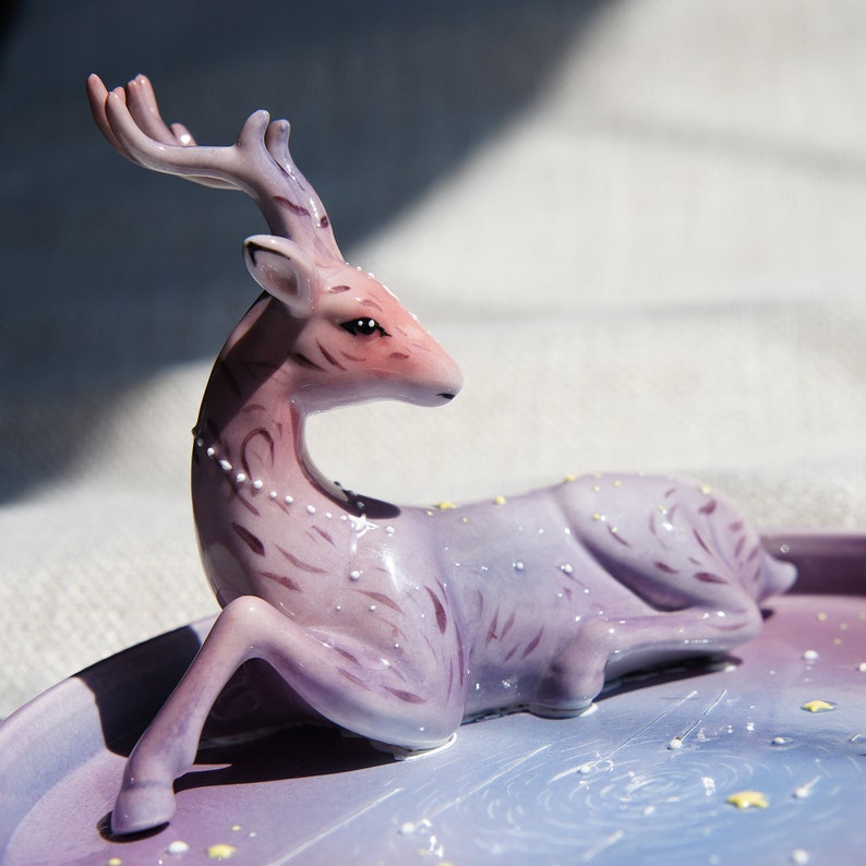Handpainted Purple Christmas Deer Ceramic Plate Celestial Winter Forest Ceramic Tray Whimsical Decor Magic Goblincore Pottery Dish image 2