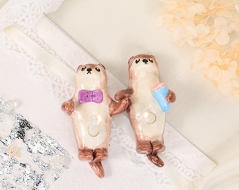 Romantic Sweet Otter Wedding Cake Topper Couple Ceramic Candle Holders Purple Blue Bow Hand Painted Wedding Party Table Display