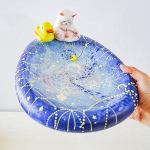 Celestial Ceramic Catchall with Fishing Cat and Yellow Duck Y2K Handmade Starry Galaxy Magic Design PotteryTrinket HolderPerfect gift image 3