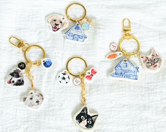 Custom Pet Portrait Keychain Personalized Dog or Cat Memorial Gift for Kids, Unique Gift for Pet Mom Hand-Painted Ceramic Initial Charms Y2K
