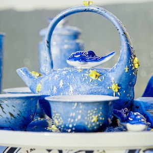Blue tea set ocean ceramic whlae tea set with 3 whale tea cups, 1 tea pot, large handmade whale plate gift for her housewarmig gift imagen 8
