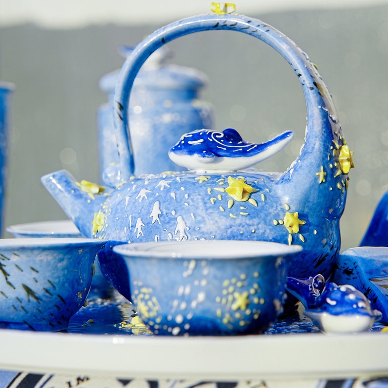 Blue tea set ocean ceramic whlae tea set with 3 whale tea cups, 1 tea pot, large handmade whale plate gift for her housewarmig gift imagen 8