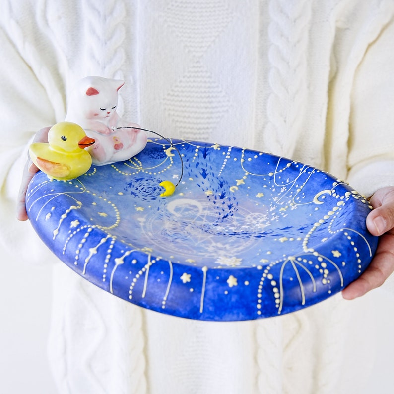 Celestial Ceramic Catchall with Fishing Cat and Yellow Duck Y2K Handmade Starry Galaxy Magic Design PotteryTrinket HolderPerfect gift image 1
