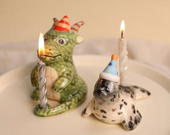 Whimsical Green Dragon Seal Cake Topper Hand Painted Ceramic Candle Holder Cute Animal Birthday Cake Decoration Party Keepsake Gift